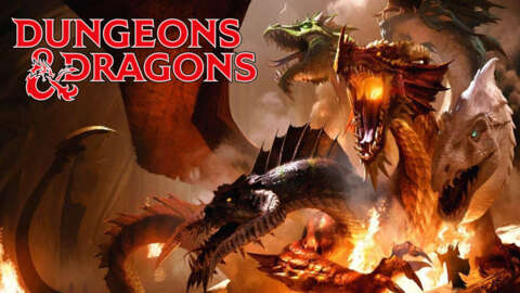 Text that reads Dungeons & Dragons with a background image of a dragon surrounded by fire.