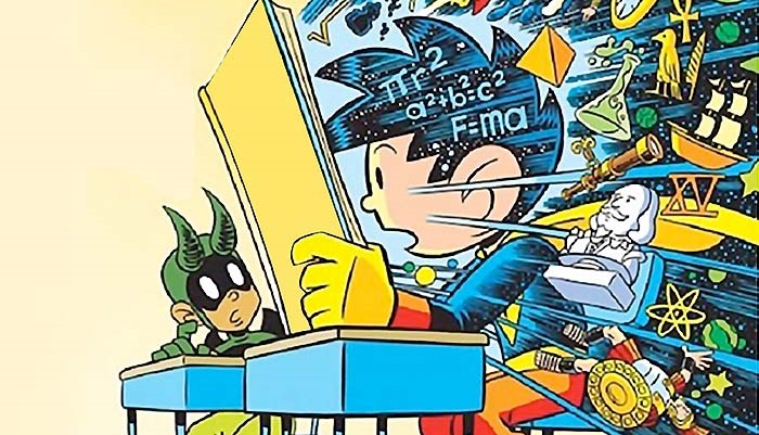 Comic book style illustrations of two kids in super hero costumes, reading a book, with images and equations flying from the book