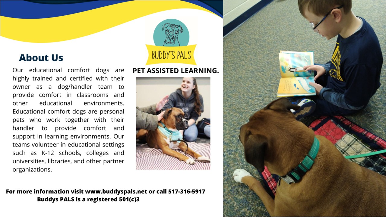 Buddy's Pals organization info and child reading to a calm dog.