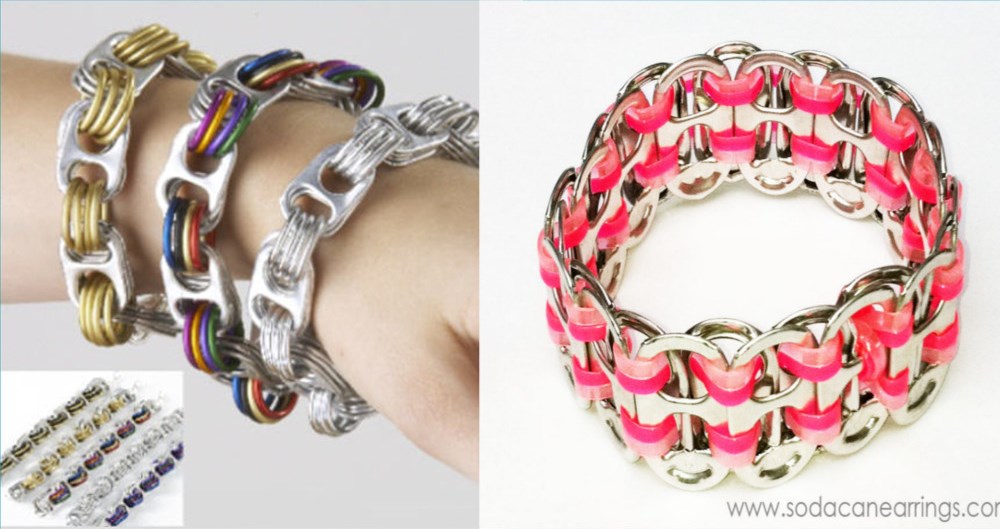 soda can tops tied with thread to make a bracelet