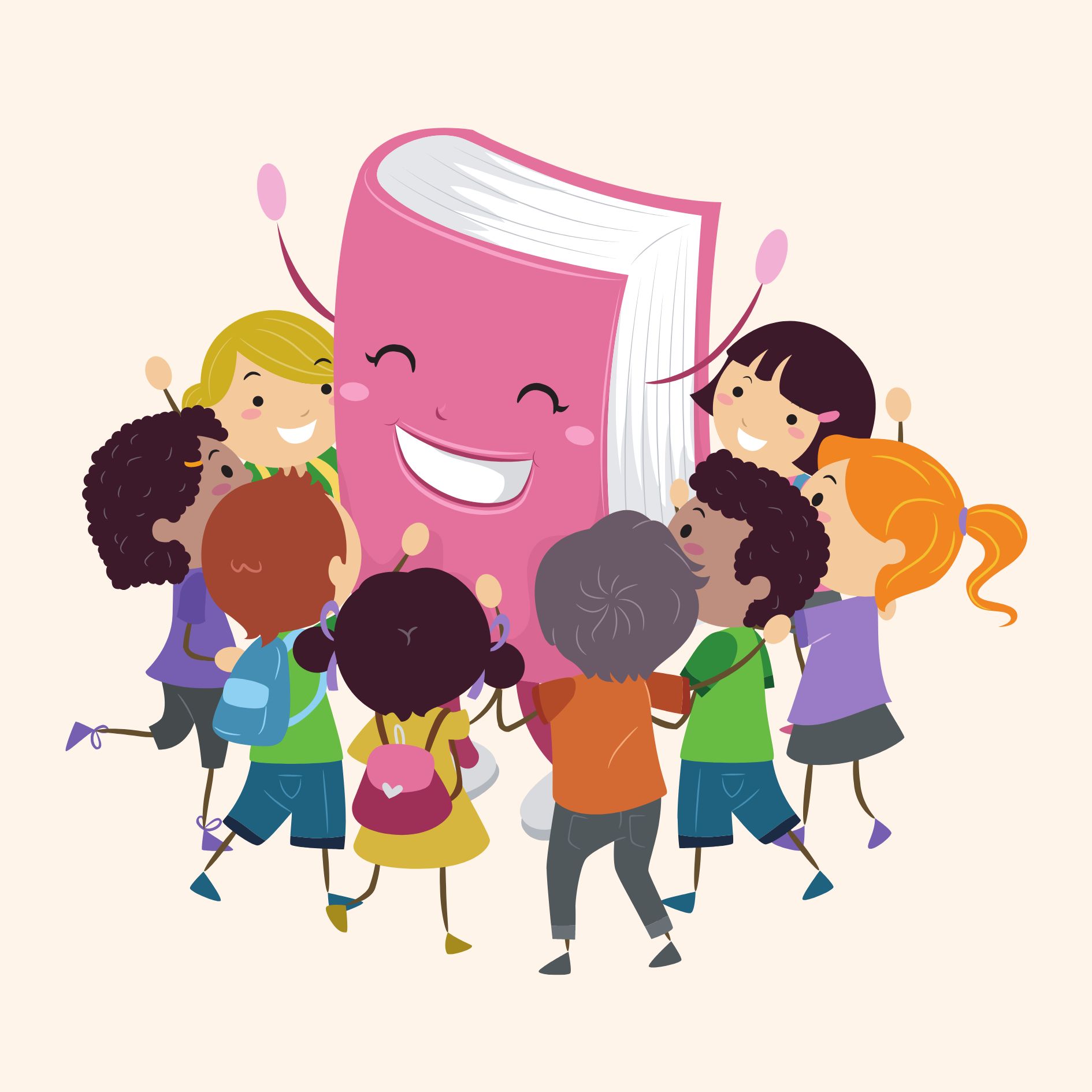 cartoon children hugging a cartoon book