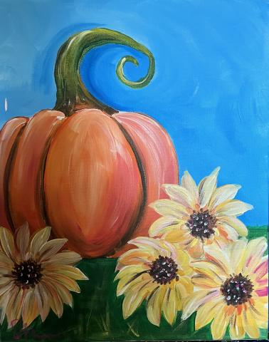 Fall painting of a pumpkin and yellow flowers