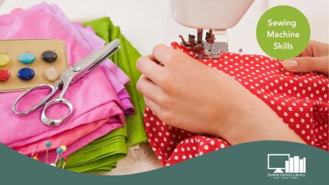 hands using a sewing machine with fabric and tools