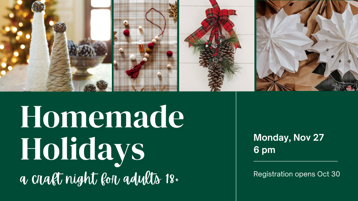 Text: Homemade Holidays with Mindy, a craft night for adults ages 18+.